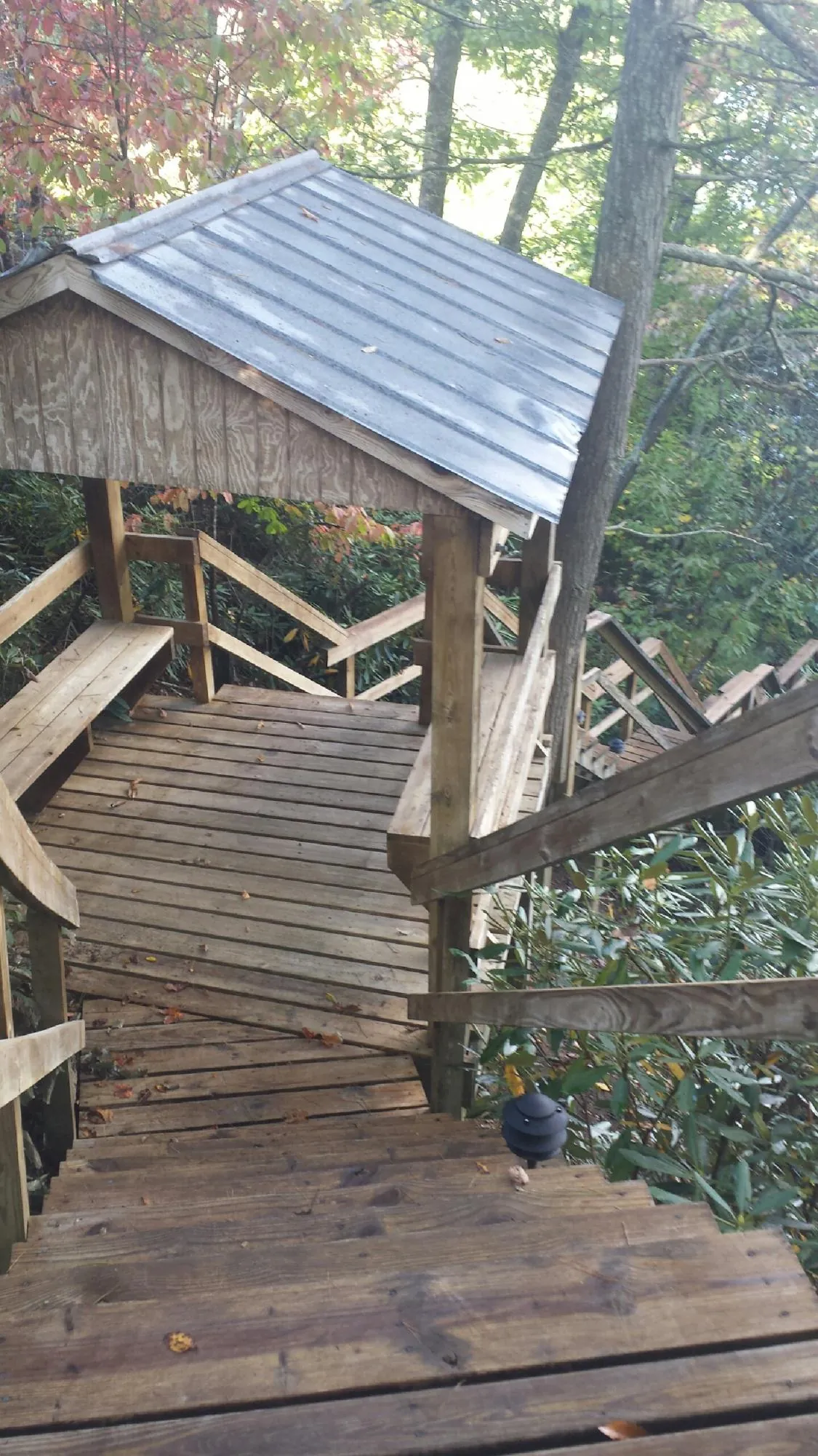Metal roofed shelter over wooden steps on a wooded walkway — Skylight Repair & Installation work by our crew in Swayzee